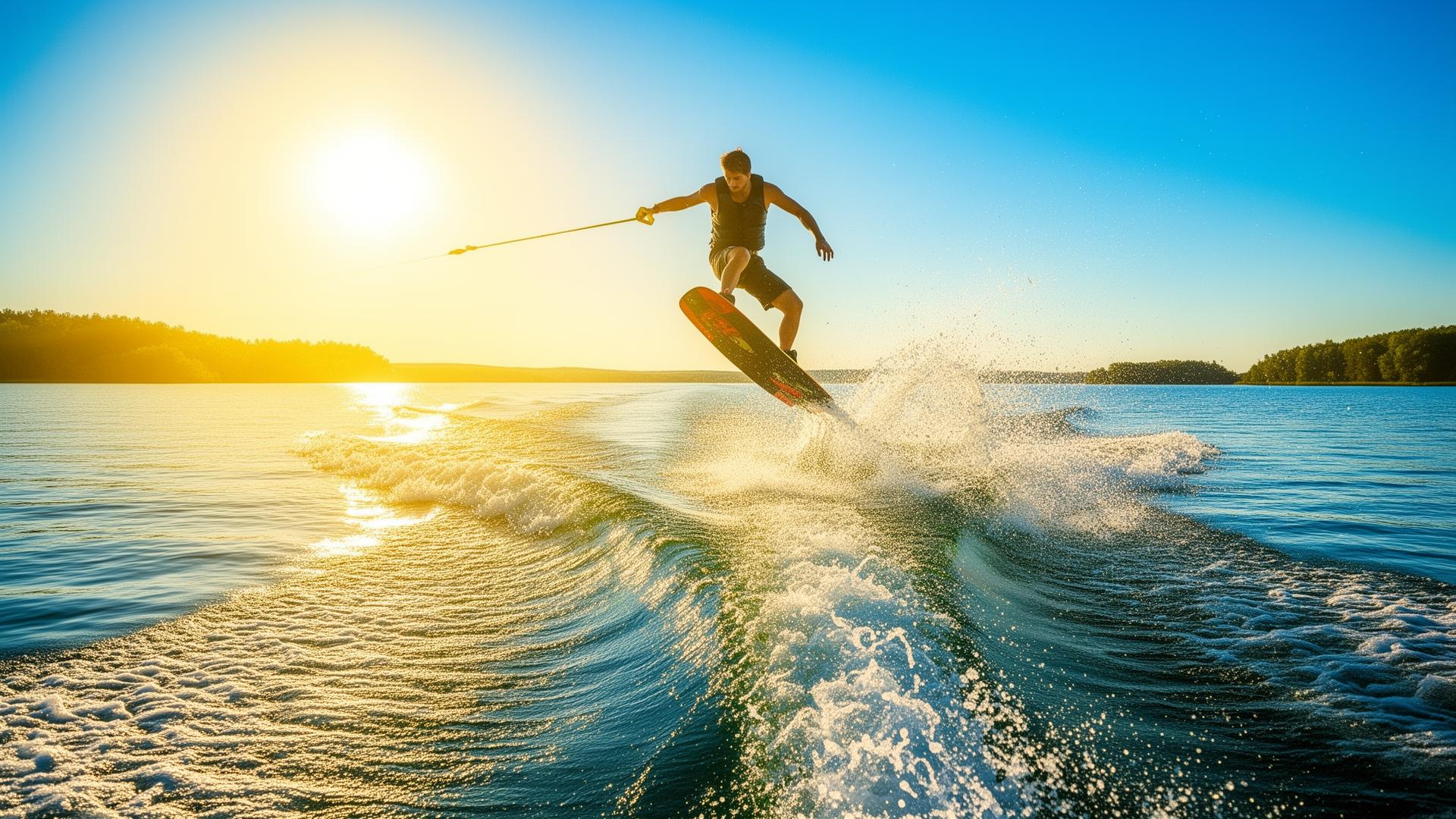 Wakeboarder springt über die Welle am Bernsteinsee